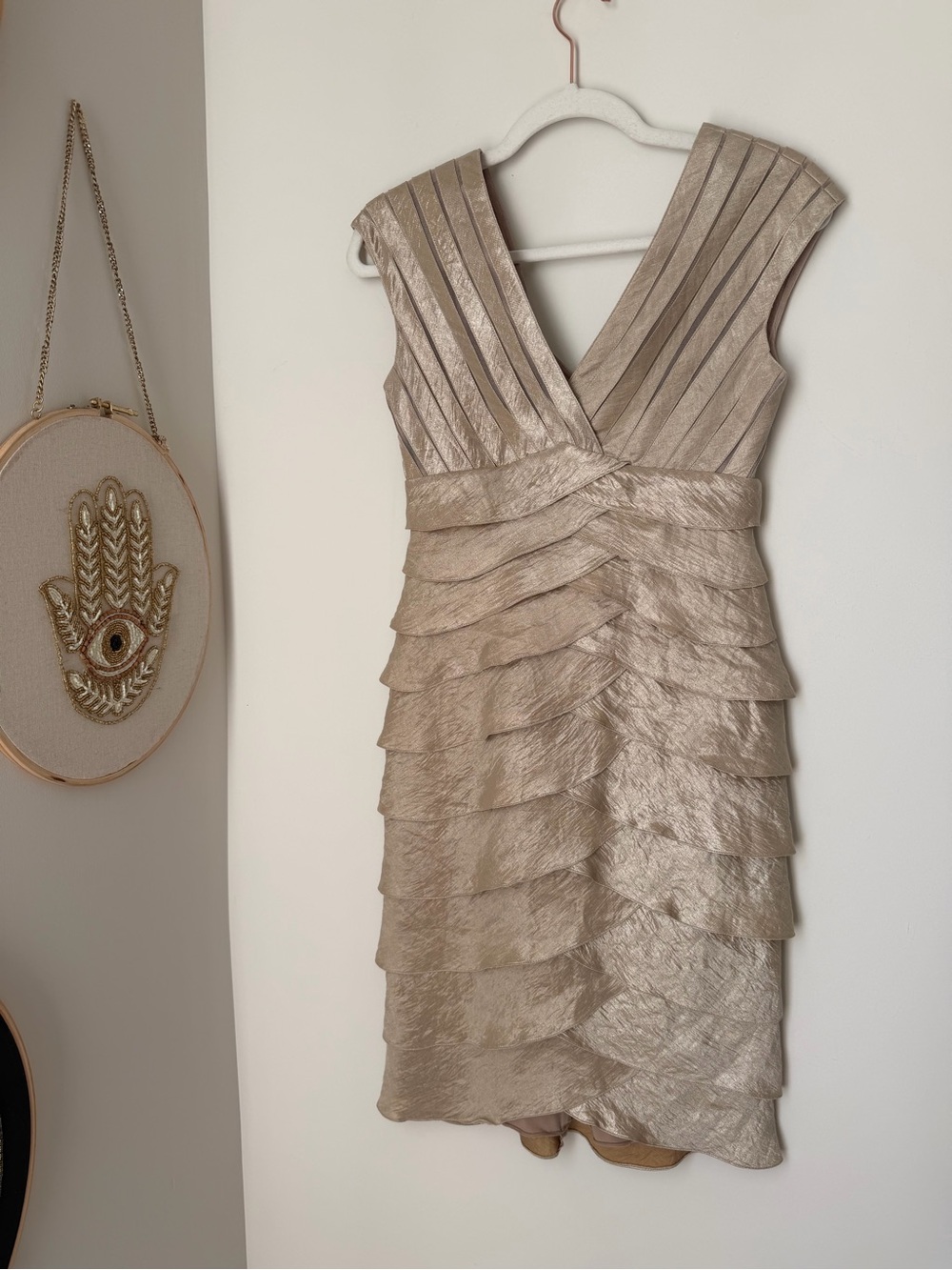 Vintage cache gold Metallic Tiered Ruffle V-Neck mini Dress